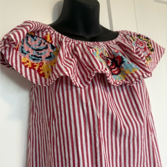 Label‎ Love Off the Shoulder Red Striped Dress w Floral Cross-Stitch Embroidery - Picture 2 of 10